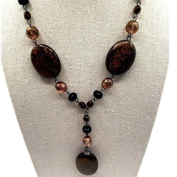 Elegant Faceted Brown & Black Beaded Necklace With Y-Drop  Stone Pendant - Picture 1 of 5